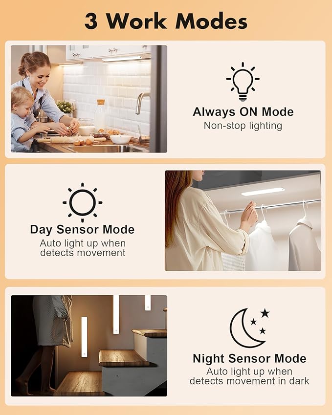 maylit 6 Pack Under Cabinet Lighting, 3 Color Temps Motion Sensor Light Indoor, Rechargeable Battery Operated Lights, Wireless Magnetic Light Bar for Kitchen Counter Closet Stair Shelf Display
