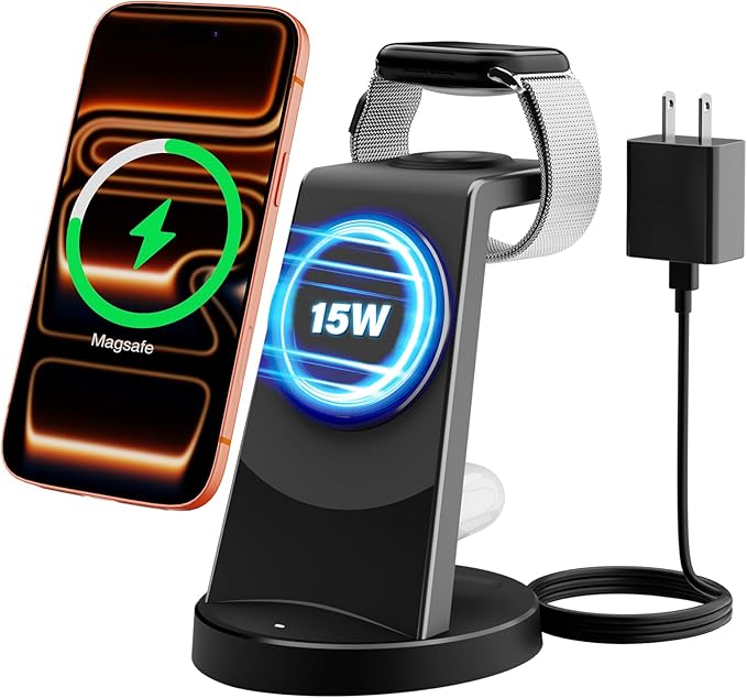 3-in-1 Magnetic Wireless Charger Stand for Apple, 15W Qi2 Fast Charging Station for iPhone 17 16 15 14 13 Pro Max, AirPods, Watch-Desktop Stand with Sleep-Friendly Light, Ideal for Bedside & Desk