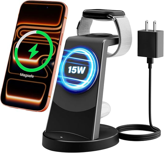3-in-1 Magnetic Wireless Charger Stand for Apple, 15W Qi2 Fast Charging Station for iPhone 17 16 15 14 13 Pro Max, AirPods, Watch-Desktop Stand with Sleep-Friendly Light, Ideal for Bedside & Desk