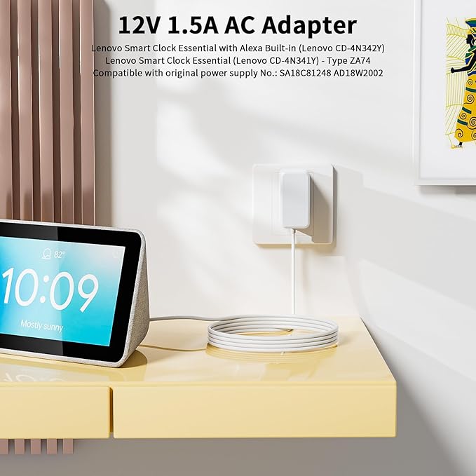 15W Power Cord Replacement for Amazon Echo Dot 3rd/4th Gen, Echo Dot 3rd/4th Kids Edition, Echo Show 5 and Lenovo Smart Clock Essential CD-4N341Y CD-4N342Y, 12V 1.5A AC Power Adapter Supply, White