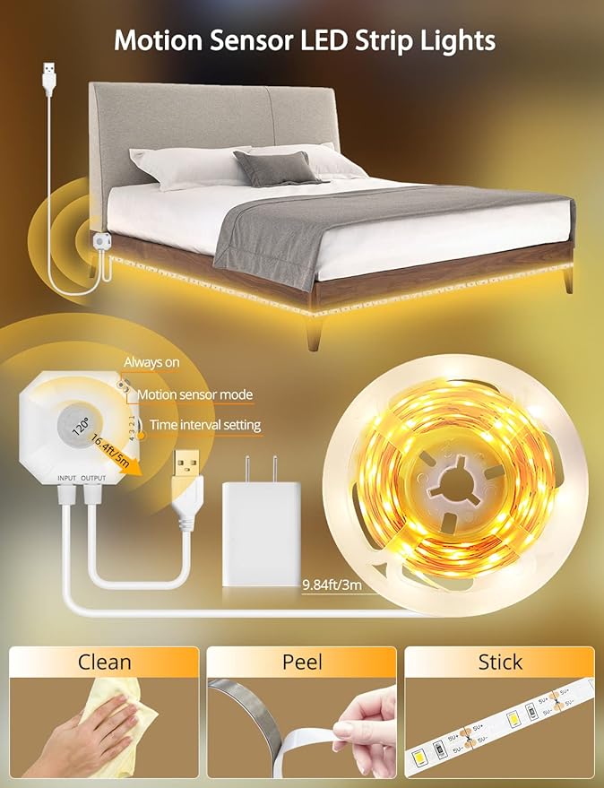 MATICOD Motion Sensor Light Indoor Under Bed Lights Under Cabinet Lights, Motion Activated Led Light Strip for Bedroom,Warm White LED Closet Light Motion Sensored Under Cabinet Lighting NO APP