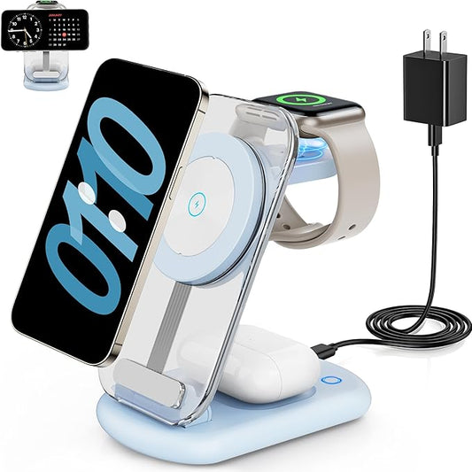 2026 Traveling Wireless Mag-Safe Fast Charging Station,Magnetic 3 in 1 Charger with Light for iPhone 16 15 14 13 12 Pro Max Plus,Apple Watch Series & Air pods 4 3 2 Pro-Gifts for Wife & Husband(Blue)