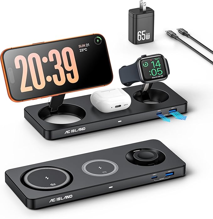 AC ISLAND 5-in-1 Qi2.2 Wireless Charger for MagSafe, 25W Foldable Magnetic Stand, Travel Charging Station for iPhone 17-12 & Air Series, Apple Watch, AirPods, with 65W GaN Adapter (Black, for Apple)