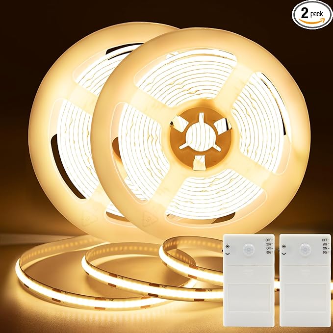 DBFAIRY 2 Pack COB Motion Sensor Strip Light Battery Operated, 6.6Ft 640 LED Cabinet Strip Lights High Bright with Sensor Lighting Mode for Wardrobe Stair Pantry Counter Cabinet Bed,2700K Warm White