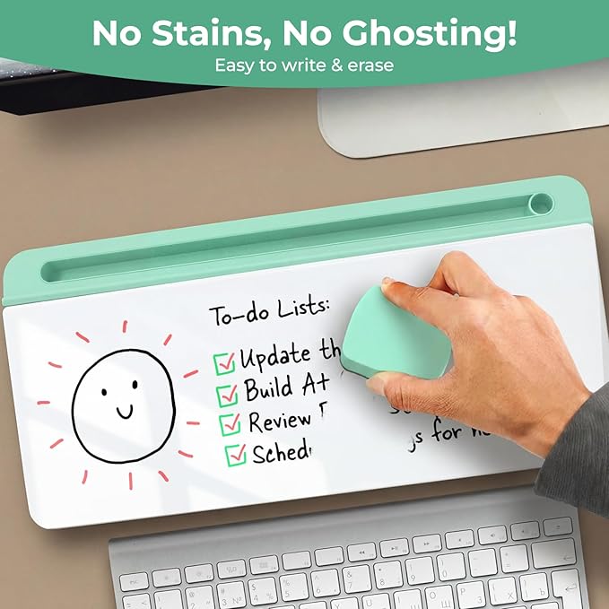 Chalkola Green Glass Desktop Whiteboard with Storage - Dry Erase Board, Work Desk Organizers, Computer Keyboard Stand, Home Office Desk Accessories, Workspace Desktop Buddy