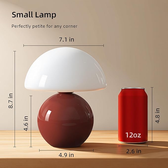 Dawnwake Mushroom Lamp Table Lamp for Bedroom,Desk Bedside Small Lamps for Living Room Night Stands,Mushroom Decor Cute Mini Modern Mid Century Lamps,Unique Aesthetic Home Living Room Decor(Wine Red)