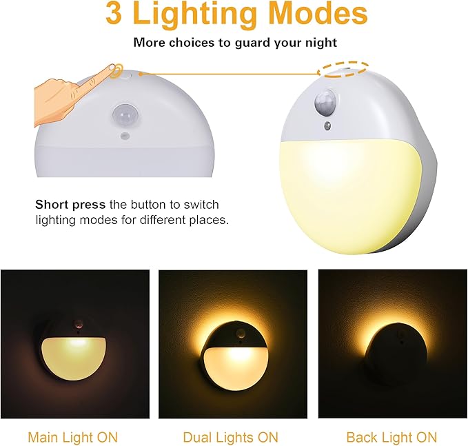 YUNLEX 2 Pack Motion Sensor Night Light, Gold Yellow, 3 Lighting Modes, Stepless Dimming, Battery-Powered, Dimmable LED, Suitable for Bedroom, Bathroom, Stairs, Corridors, Closets