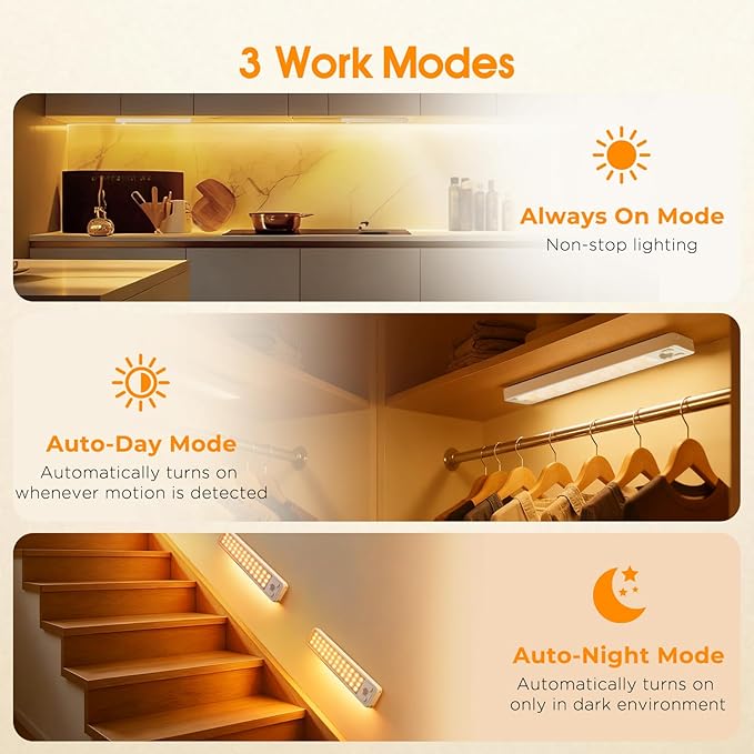 Under Cabinet Rechargeable Dimmable Lighting: 3 Color Temperature Motion Sensor Lights Indoor - Battery Operated Lights - Activated Closet Magnetic Wireless Led Light for Kitchen Home Bathroom 3 Pack
