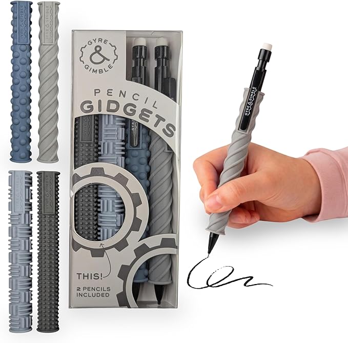 Gyre & Gimble Pencil Gidgets – Textured Silicone Pencil Sleeve for Quiet Fidgeting – Transform Your Mechanical Pencil into a Sensory ADHD Tool for Kids and Adults – 4 Sleeves & 2 Pencils - Gray