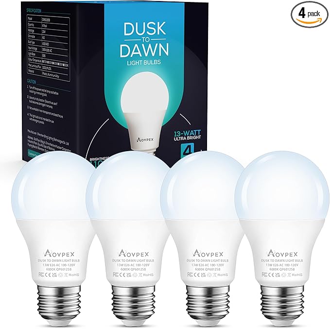 4 Pack Dusk to Dawn Light Bulbs Outdoor 100W Equivalent, Automatic On/Off Sensor LED Light Bulb, 13W Daylight 6000K, 1100 Lumen, A19 E26 Bulbs Photocell for Wall lamp Porch Garage Yard Light