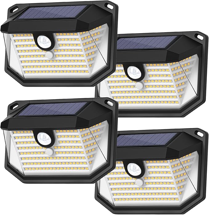 Brightever Solar Outdoor Lights, 4-Pack 178 LEDs Motion Sensor Wall Light with 270° Wide Angle & 3 Modes, Waterproof 3000K Solar Powered Security Light for Patio Garden Garage Front Door
