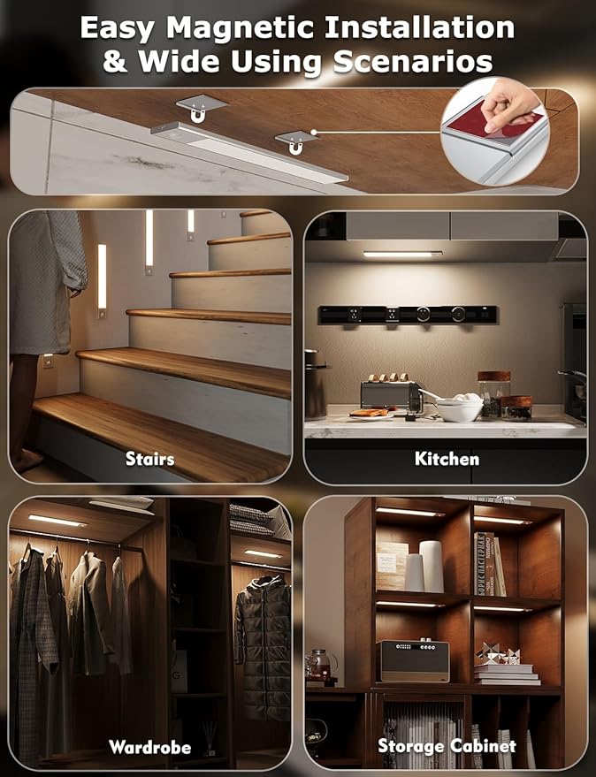 12" Ultra-Thin Under Cabinet Lighting Wireless, Aluminum Alloy Under Counter Lights for Kitchen, 3-Color-Temps Magnetic Closet Lights, Rechargeable Motion Sensor Light Indoor (6 Pack, Silver)