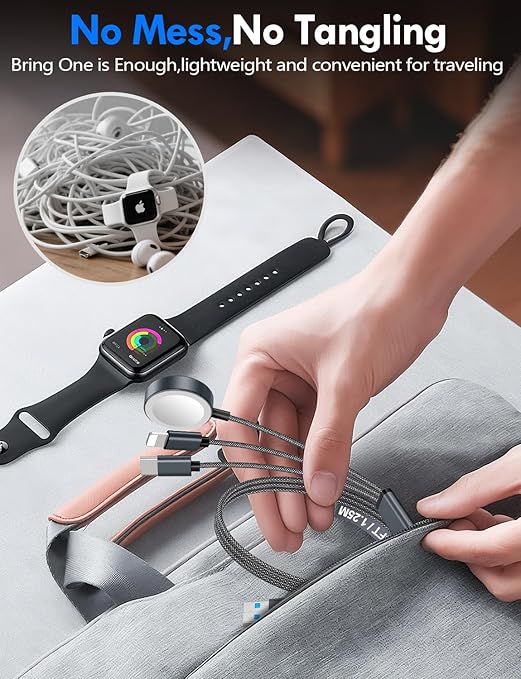 1Pack Multi Charging Cable Cord for Travel Essentials,Apple Watch Charger,iPhone Charger,[3-in-2] Type C/L Cable Portable Designed for iWatch,iPhone 17-8,Galaxy S25-21,AirPods,iPad-4FT Black
