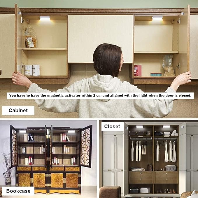 4 Pack Cordless Cabinet Lights, Door Open Activated Sensor Automatic Turn On Off Led Cupboard Drawer Closet Light Battery Operated Stick On Up Puck Lights Indoor for Kitchen Cabinets Pantry Gun Safe
