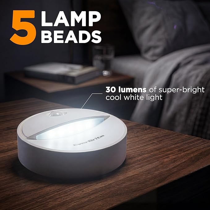 EverBrite LED Motion Sensor Night Light, Automated On & Off, Cool White Motion Activated LED Night Light for Kitchen, Bathroom, Stairs, Bedroom - with 18 AAA Batteries, 6-Pack