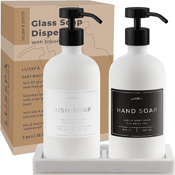 Glass Soap Dispenser Set of 2 (White) with Silicone Tray | Hand and Dish Soap Dispenser for Kitchen and Bathroom | 16.8 Oz Glass Bottles with Stainless Steel Pump & 15 Waterproof Labels (White/Black)