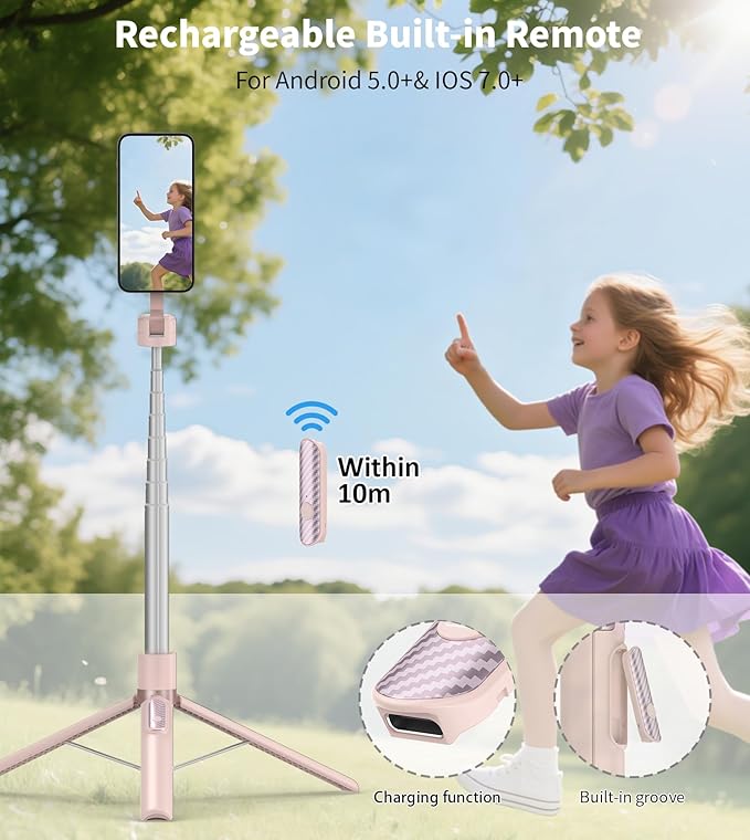 TONEOF 68" Magnetic Selfie Stick Tripod with Aluminum Strong Magnetic Holder for Magsafe, 360° Rotatable Travel Phone Tripod Stand with Metal Ring & Rechargeable Remote for iPhone/Android（Pink）