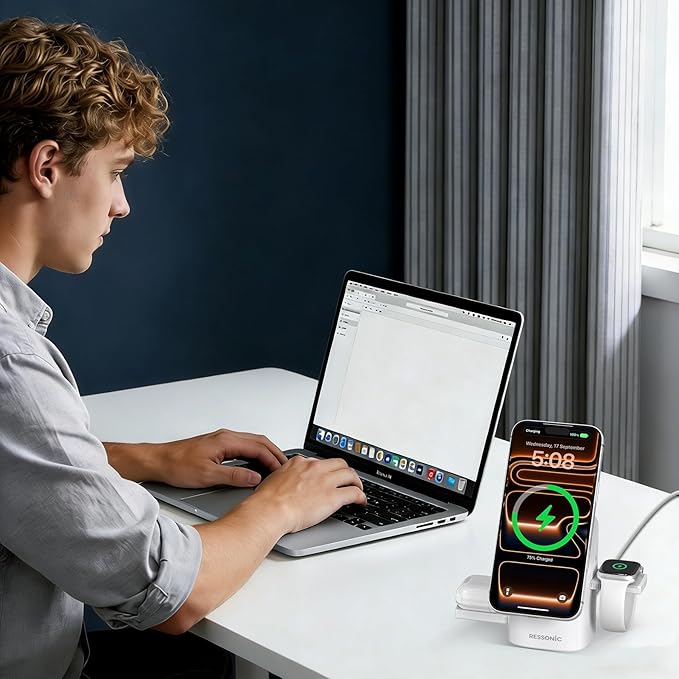 3 in 1 Wireless Charging Station for Apple & Samsung, 15W Fast Magnetic Wireless Charger Stand for Magsafe iPhone 17/16/15/14/13/12 Pro Max, Galaxy S25/24/23/22, AirPods, iWatch (with 30W Adapter)