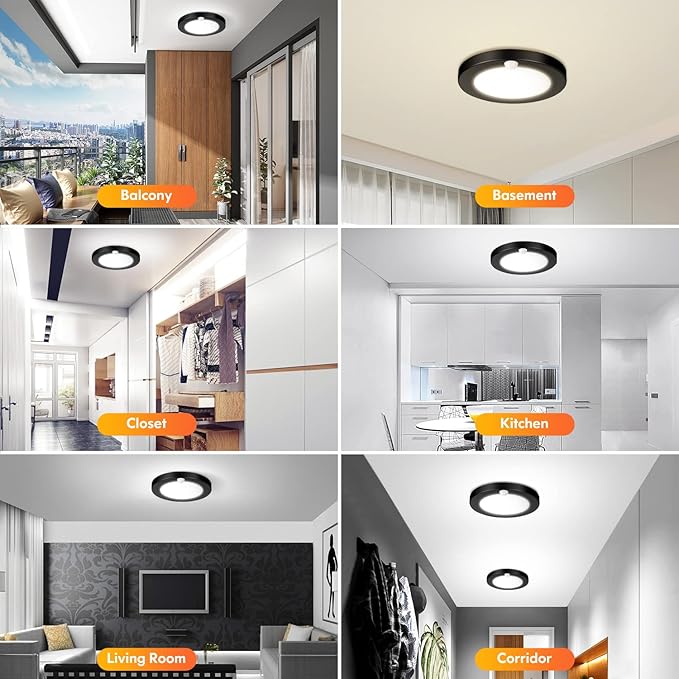 2-Pack Motion Sensor LED Ceiling Lights, 15W-100W Equivalent, 1200LM 3 Colors in 1(3000K/4000K/5000K), 7.5inch Black Flush Mount Lighting Fixture for Closet Room, Hallways, Laundry Room, Non-Dimmable