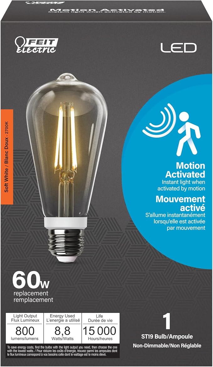 Feit Electric Motion Sensor, Non-Dimmable, Indoor/Outdoor LED Bulb with Exposed Filament, ST19 on E26 Base, High CRI, 60 Watts Equivalent, 2700K, Soft White - ST19CL927CA/MM/FILED