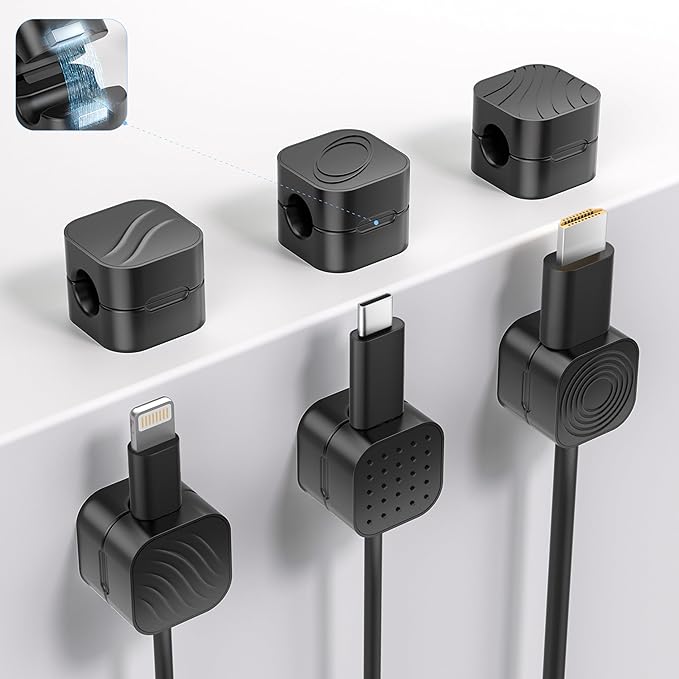 6Pack Cable Organizer Clips, Magnetic Cable Holder (1s Lock), XOVRAETH Strong Adhesive Wire Management for Desk, Nightstand, Living Room, Kitchen, Office, Car(BlackC)