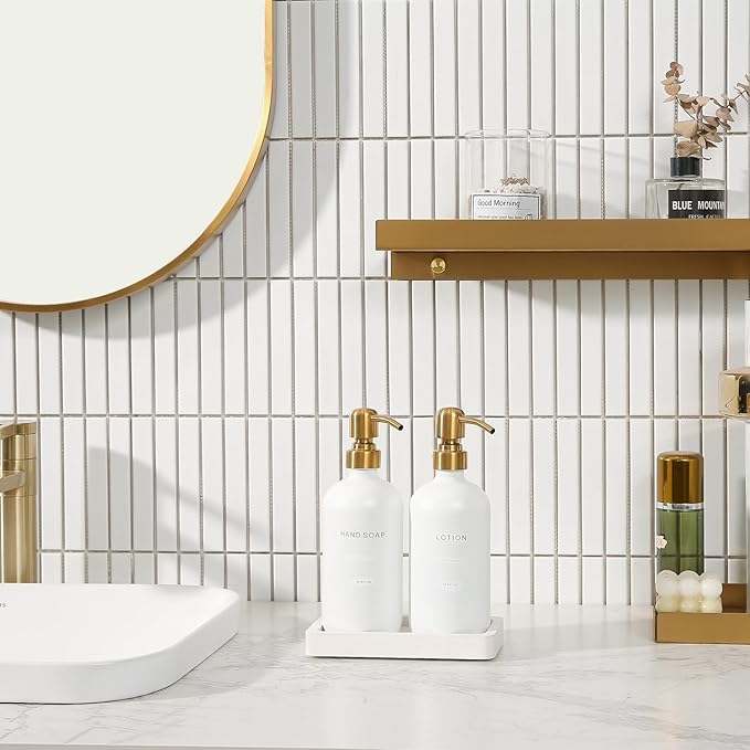 Prus Waso Gold Soap Dispenser Bathroom Set, Hand and Lotion Dispenser with Stainless Steel Pump, Perfect for Modern Bathroom Decor. (Gold)