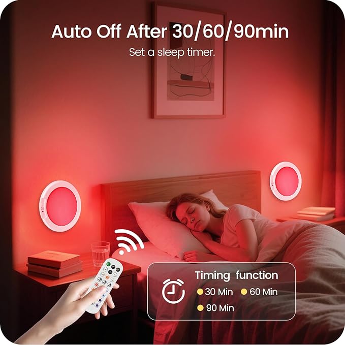 2 Pack Motion Sensor Rechargeable Shower Lights with Remote, RGBW Battery Operated Ceiling Light, Wireless, Color Changing, Warm-to-Cool Whites, Dimmable, Timer, Magnetic for Bathroom Closet Porch
