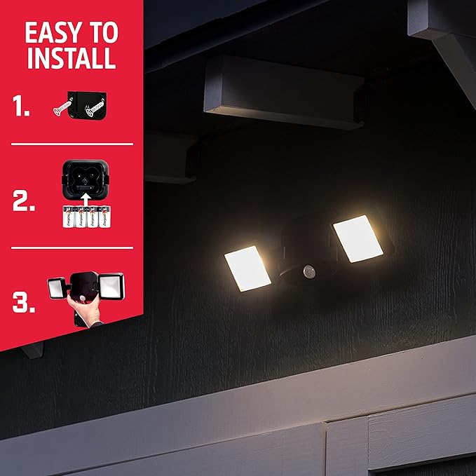 Energizer LED Flood Light Outdoor, Security Light, 2 Head, Wireless, Battery Operated, 800 Lumens, Swivels & Rotates, Weather-Resistant, Motion Sensor Outdoor Light, Black, 1 Pack, 40776