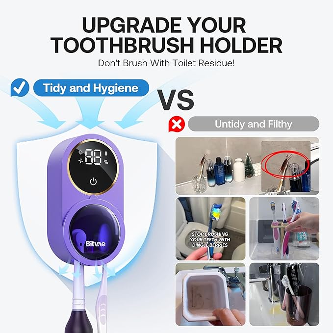 Bitvae Tooth Brush Holder for Bathroom, Infrared Sensing Toothbrush Cleaner, Wall-Mounted for Any Size Toothbrushes, Air Drying, LED Smart Screen, Purple