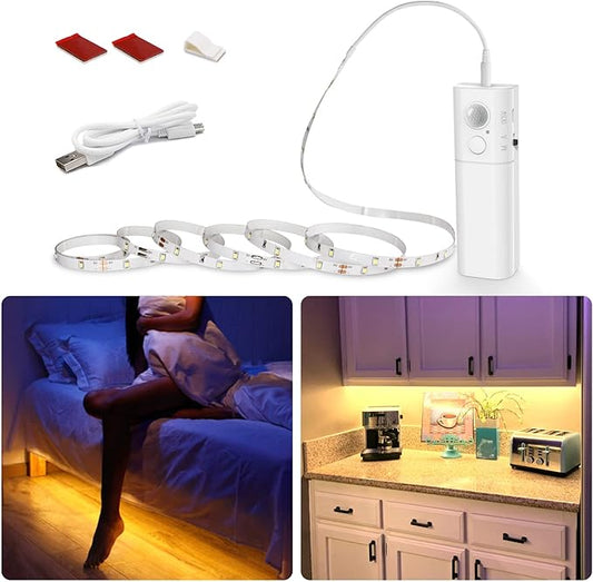 WOBANE Motion Activated LED Strip Light, Rechargeable Magnetic Battery Box with 6.56ft LED Strip,60 LEDs Homelife Sensor Bar for Wardrobe,Stair,Pantry,Counter,Under Cabinet,Bed,Door,2700K Warmwhite