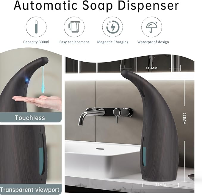 Automatic Soap Dispenser Touchless,300ML Hand & Dish Countertop Electric Liquid Rechargeable Dispenser with Sensor,Modern 4 Gear Adjustable Waterproof Kitchen Auto Soap Pump
