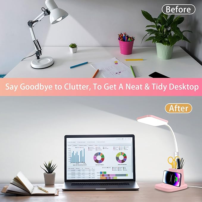 Pink Desk Lamp, Small Desk Lamp with Pen Holder, Wireless Charger LED Desk Lamps for Home Office, Kids Desk Lamps 800LM Flexible Arm 3 Modes Dimmable Touch, Study Lamps for College Dorm Room