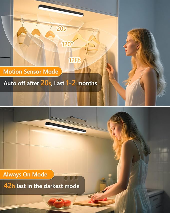Ferswe Motion Sensor Light Indoor Rechargeable, Battery Level Display, 60 LED Motion Sensor Closet Lights, Dimmable Touch Control, Under Cabinet Lights for Kitchen, Closet, Cupboard(2 Pack)