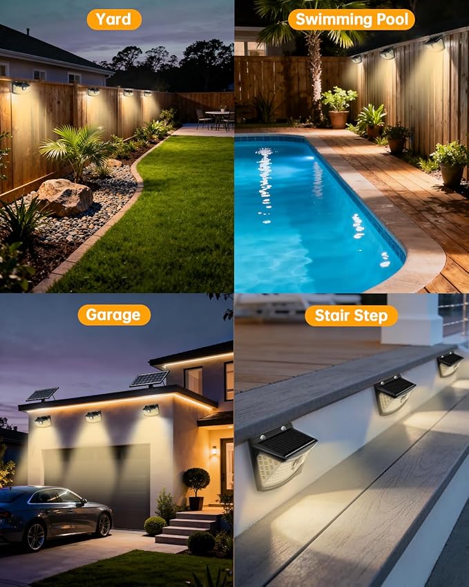 Aootek New Solar Motion Sensor Lights 120 LEDs with Lights Reflector,270° Wide Angle, IP65 Waterproof, Step Lights for Front Door, Yard, Garage, Deck (Black, Warm White, 8-Pack)