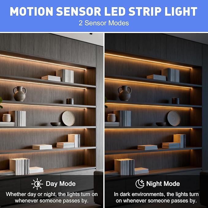 LUXJET 2 Pack Warm White Motion Sensor LED Strip Lights with Rechargeable 3.28ft, LED Closet Light Gun Safe Lights Motion Activated, Stair Lights Indoor