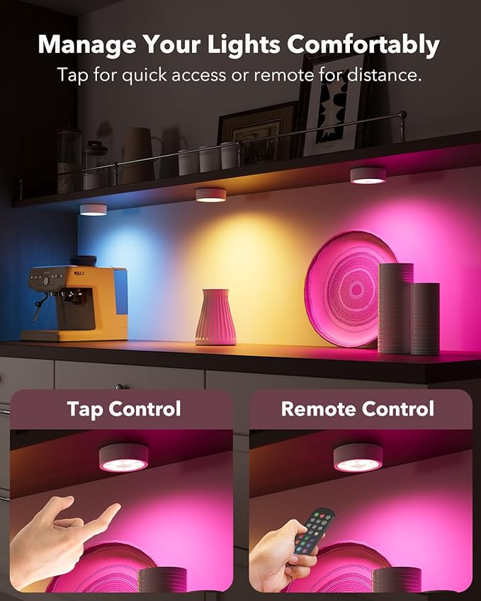 Radar Motion Sensor Puck Lights with Remote Control, RGB Rechargeable Wireless Under Cabinet Lighting for Kitchen, Magnet Stick on LED Closet Lights, Cordless Night Light for Counter, Stair, Bookshelf