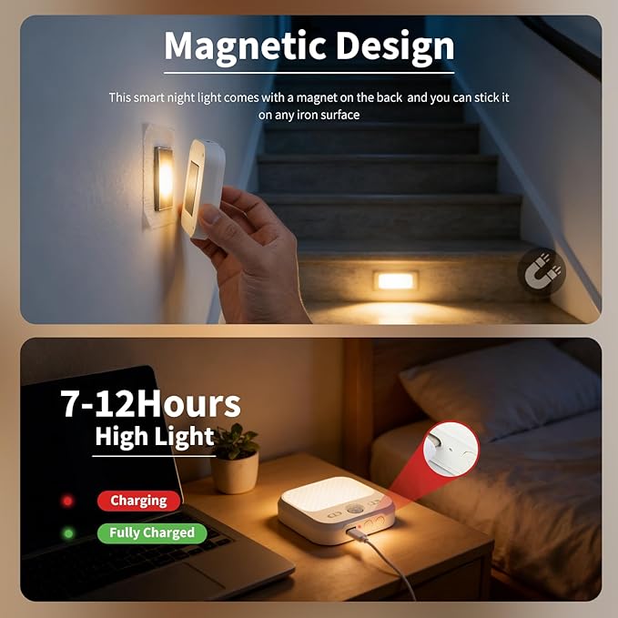 Motion Sensor Night Light, Rechargeable Magnetic LED Closet Light with 3 Color Temperatures & Stepless Dimming, Type-C Charging, 20/30/60s Timer, Stick-on Wall Light for Stairs, Hallway, RV