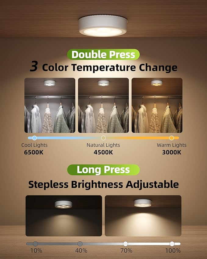 EZVALO LED Puck Lights, Rechargeable Battery Touch Light, 2.5'' Mini Tap Lights, Wireless Closet Light, Under Cabinet Lighting, 3 Color Temps, Stick On Lights Kitchen,Closet,Pantry(2 Pack)