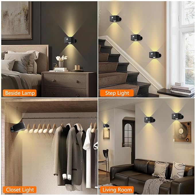 Deyagoo Rechargeable Motion Sensor Wall Light, Wireless Wall Sconce - Magnetic Base, Dimmable 3000K Warm White, 3 Modes (ON/AUTO/Off) for Closet, Stairs, Living Room - Indoor LED Wall Lamp (Black)