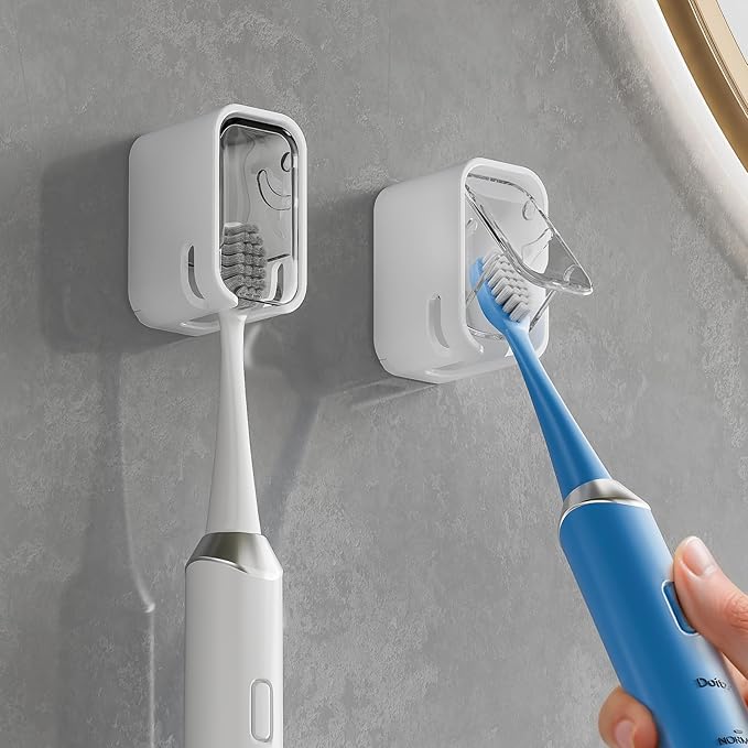 Toothbrush Holders for Bathroom【Innovation Single Slot Design】 2PCS Toothbrush Holder Wall Mounted with Cover for Shower, Single Toothbrush Dispenser Storage Organizer for Family & Travel