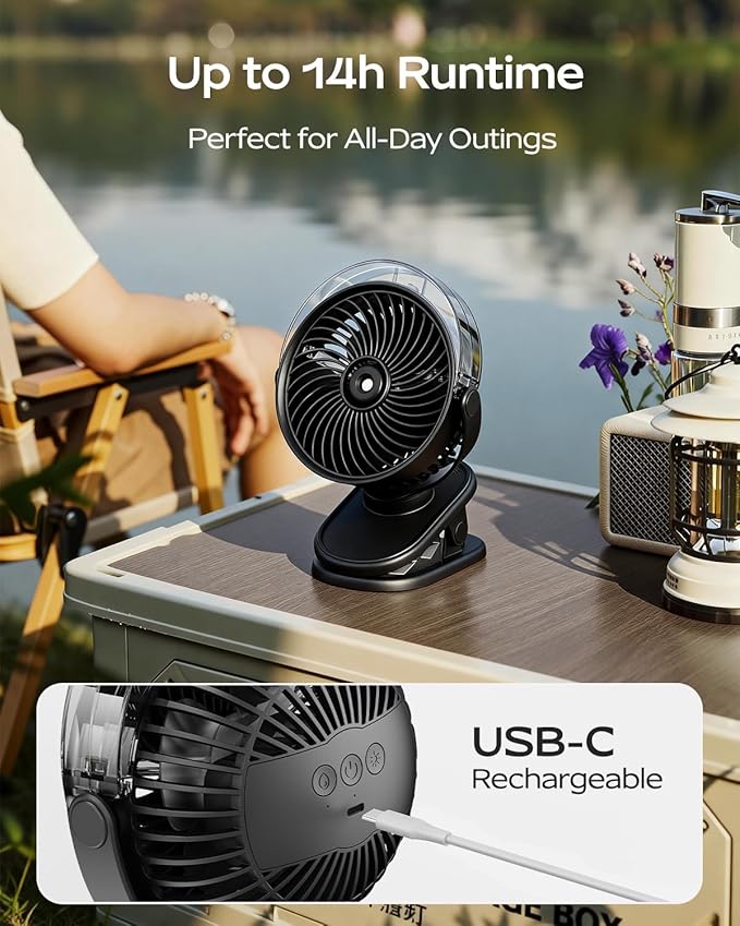 SWEETFULL Portable Misting Clip On Fan, USB-C Rechargeable Mini Personal Cooling Fan with 4 Speeds, 360° Rotatable, Quiet Cooling for Outdoor, Camping, Golf Cart, Travel, Stroller & Desk (Black)