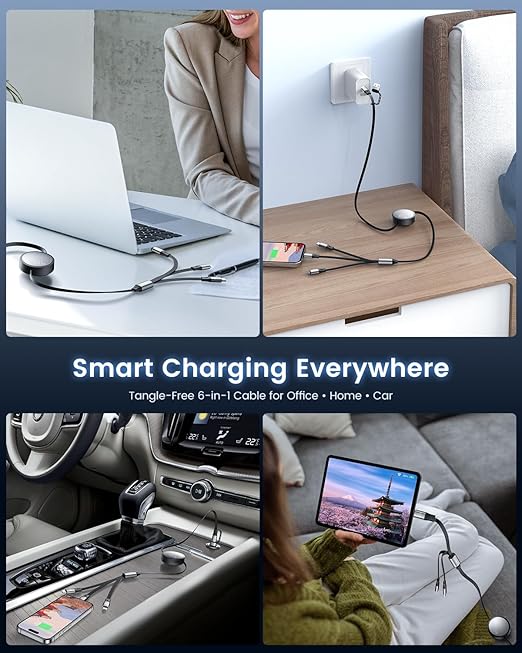 CAFELE Multi Charging Cable 100W Retractable USB C Cable, 6-in-1 Dual Type C and 27W L 5A Fast Charger Cord for Phone 16 15 14, Galaxy S24 S23, MBook, Pad and Multiple Devices (3.6ft)
