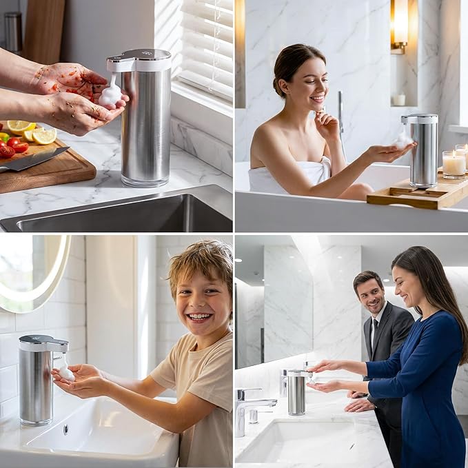 Automatic Liquid Soap Dispenser Touchless, Stainless Steel Hand Soap Dispenser, USB Rechargeable, 4 Adjustable Levels, 11.8oz/350ml for Kitchen and Bathroom (Stainless Steel White, Liquid)