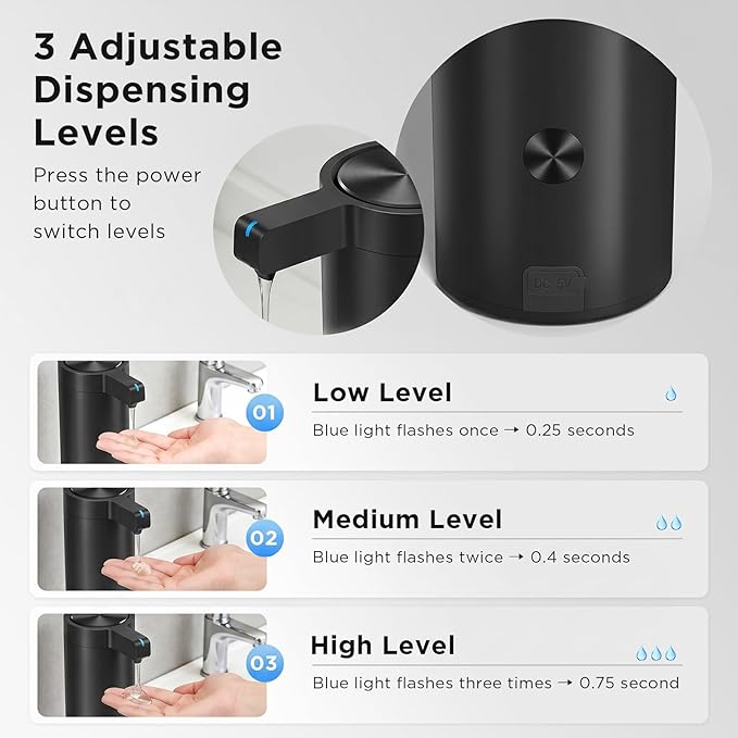 Newise Touchless Automatic Soap Dispenser - 9 oz, USB Rechargeable, Dish Hand Soap Dispenser for Kitchen and Bathroom with 3 Adjustable Dispensing Modes, Stainless Steel, Black