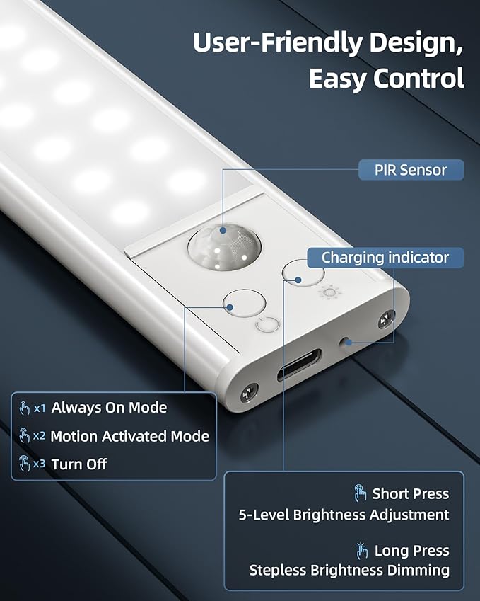 10inch Under Cabinet Lights, Motion Sensor Light Indoor, Wireless Closet Lights, 1800mAh Rechargeable Battery, Magnetic, 5 Levels Dimmable, Under Counter Lights for Kitchen, Bathroom (2 Pack)