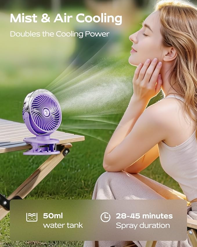 SWEETFULL Portable Misting Clip On Fan, USB-C Rechargeable Mini Personal Cooling Fan with 4 Speeds, 360° Rotatable, Quiet Cooling for Outdoor, Camping, Golf Cart, Travel, Stroller & Desk (Purple)