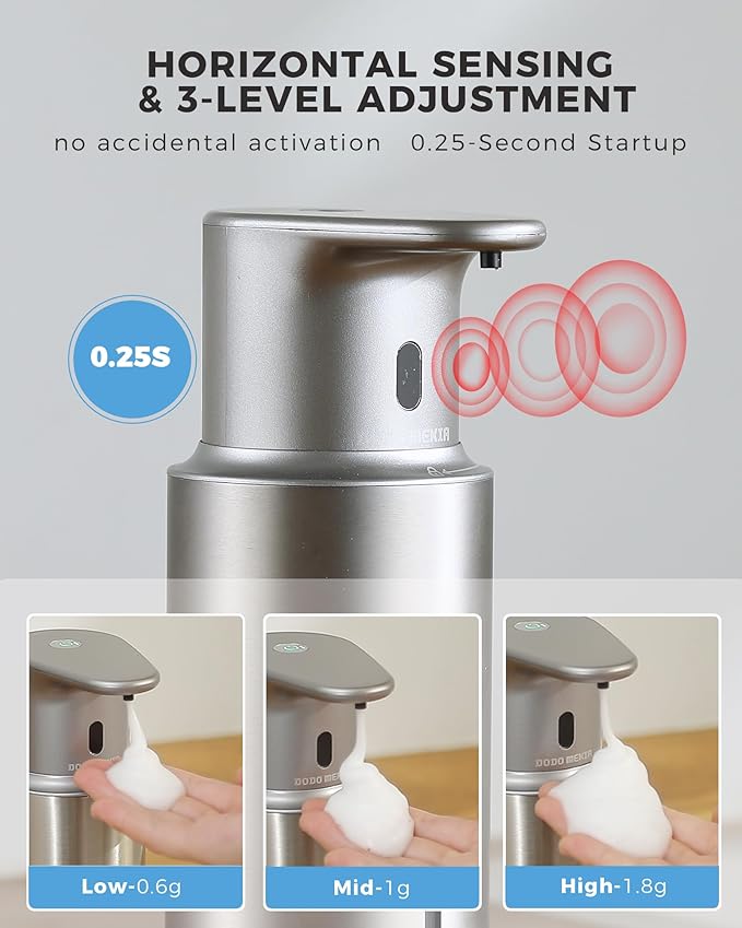 Automatic Foaming Soap Dispenser Touchless, 304 Stainless Steel Bottle Body &16.2oz/480ml Rechargeable, 3 Adjustable Liquid Levels, IPX7 Waterproof, for Kitchen Bathroom, Stainless Steel