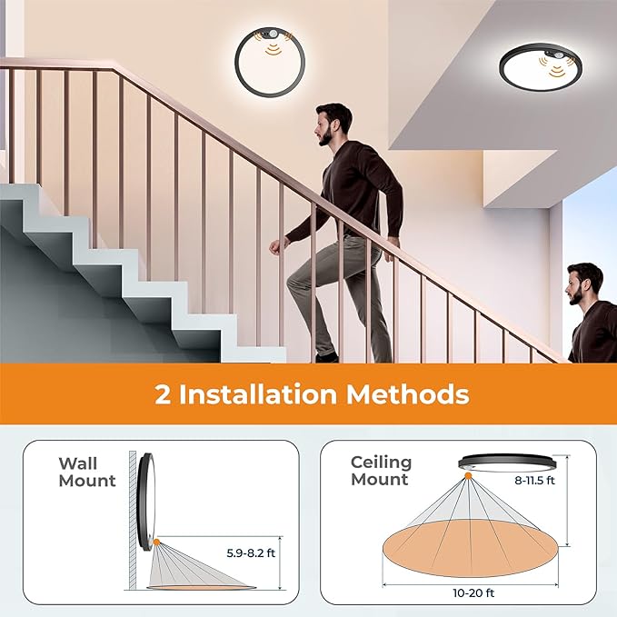 BLNAN Motion Sensor Ceiling Light Wired, 12 Inch 3000K 4000K 5000K Selectable LED Flush Mount Light Fixture, Motion Activated Light with Timer for Hallway Stair Walk-in Closet, Black Frame