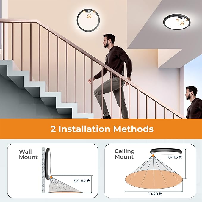 BLNAN Motion Sensor Ceiling Light Wired, 8.7 Inch 3000K 4000K 5000K Selectable Motion Activated LED Flush Mount Light Fixture with Timer for Walk-in Closet Laundry Hallway Stair, Black Frame