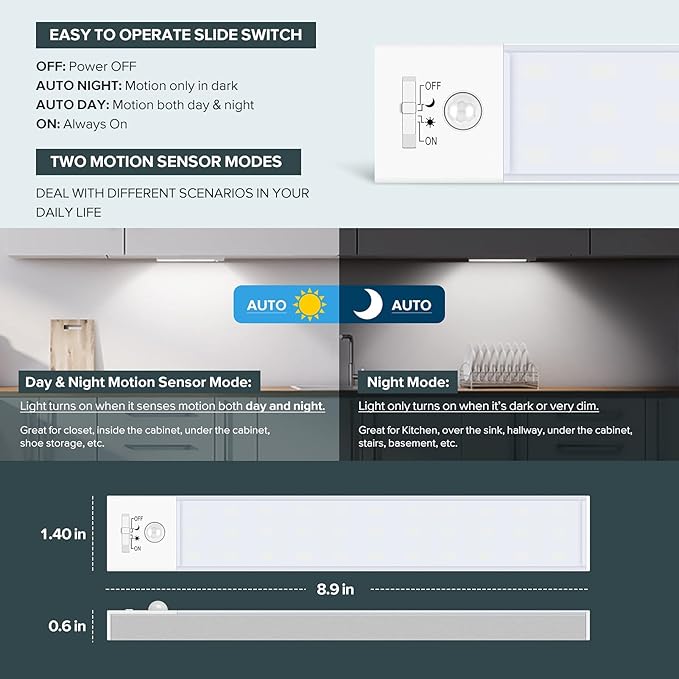 Alivation 36 LED Closet Light Motion Sensored Battery Powered LED Lights, Under Cabinet Lighting, Motion Sensor Light Indoor, Ultra Thin Wireless 1500mah Rechargeable Battery Operated, 2 Sensor Modes